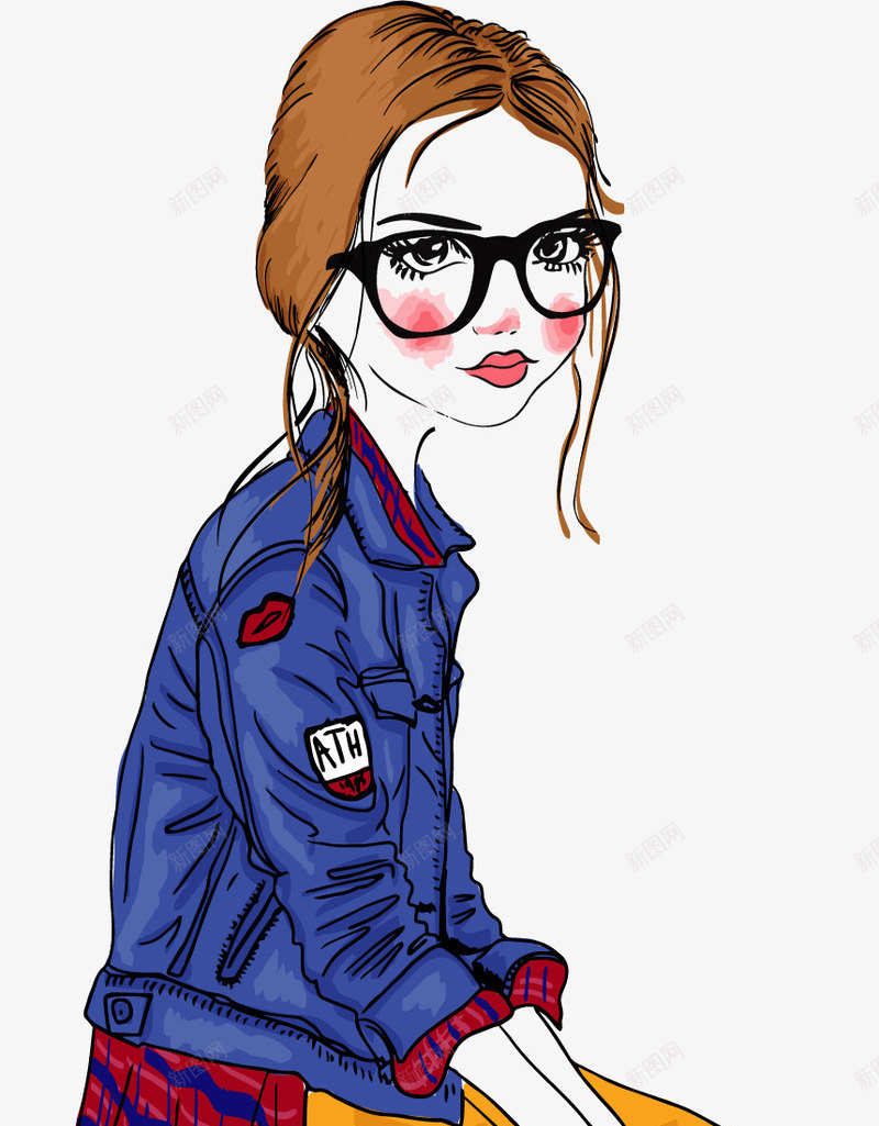 手绘戴眼镜的女孩png免抠素材_新图网 https://ixintu.com 戴眼镜的女孩 手绘 青春
