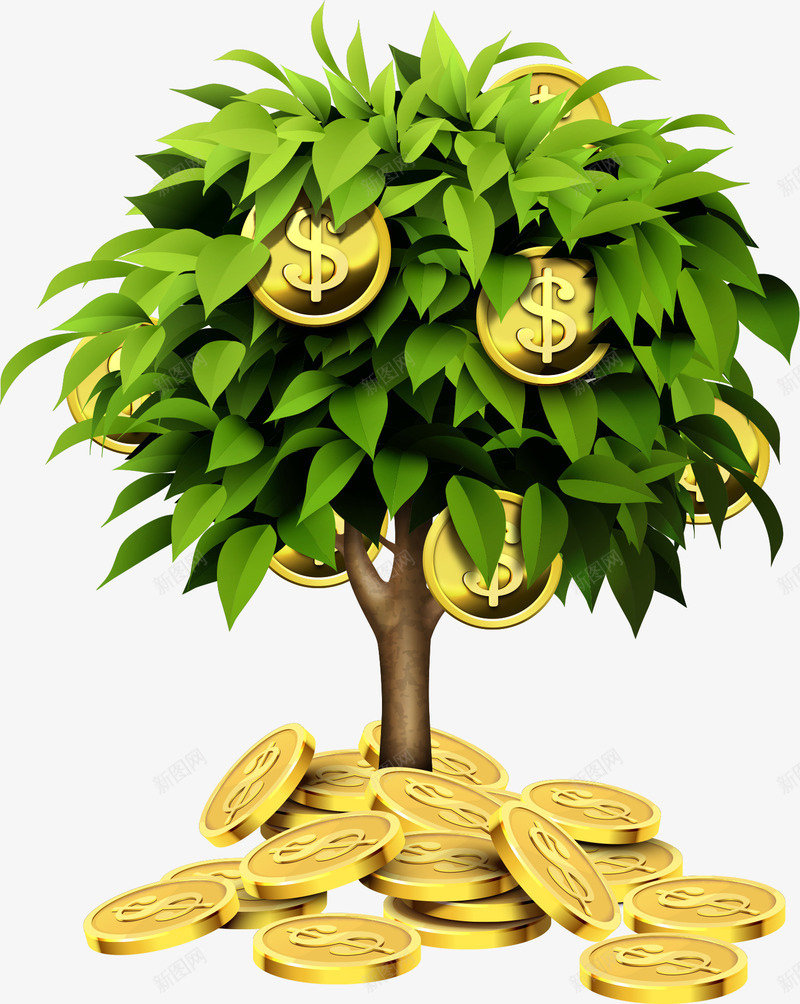 树上的金币png免抠素材_新图网 https://ixintu.com 创意小树 卡通小树 卡通树 摇钱树 矢量小树 美元树 金币 金币树