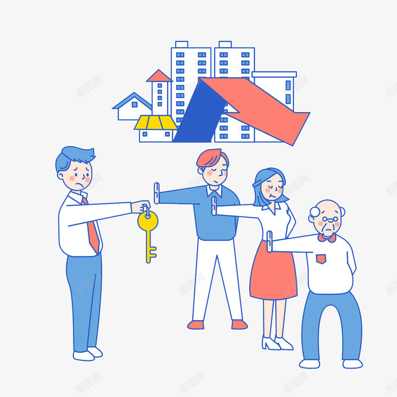 不同年龄的人拒绝受贿png免抠素材_新图网 https://ixintu.com 卡通 商务 手绘 插画 立体 简约 老人 金色钥匙 高楼