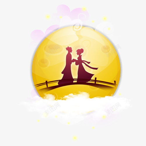 牛郎织女png免抠素材_新图网 https://ixintu.com 云层 卡通人物 彩色渲染 月亮 牛郎织女 鹊桥相会