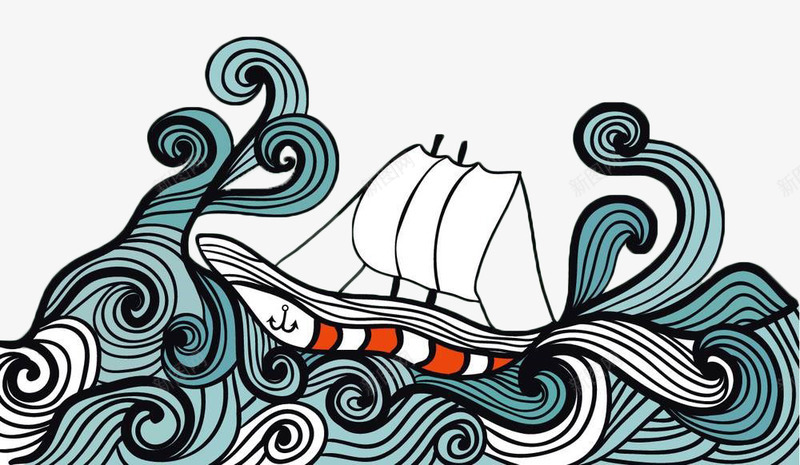 手绘海浪帆船png免抠素材_新图网 https://ixintu.com 帆船 手绘 海浪 风 风吹效果