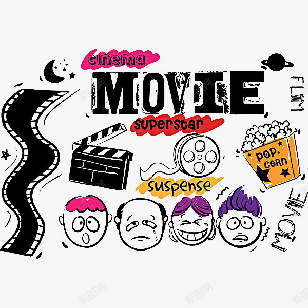 涂鸦风格电影象征png免抠素材_新图网 https://ixintu.com 喜怒哀乐 场记板 场记牌 手绘 涂鸦 演员 爆米花 电影 胶卷 设计