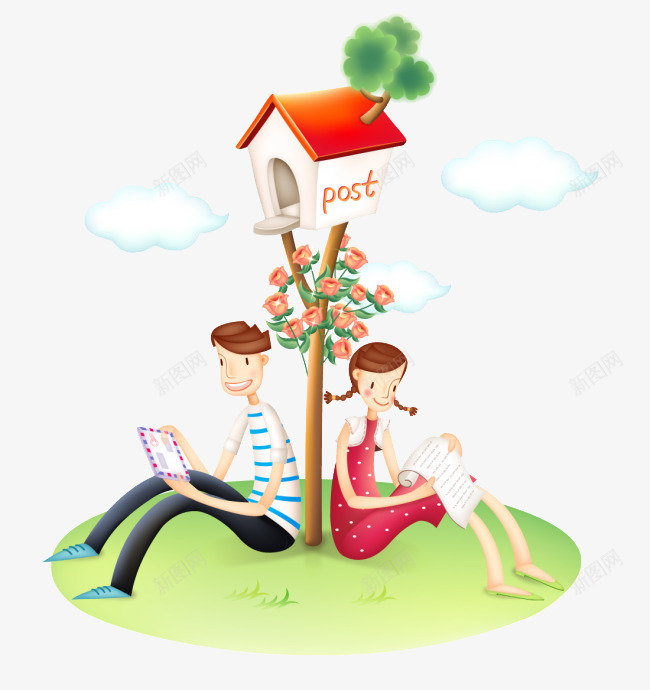 看信的男孩与女孩png免抠素材_新图网 https://ixintu.com 信封 友谊 时光不老 邮箱 青春