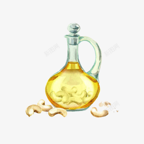 手绘腰果和腰果油瓶水彩画png免抠素材_新图网 https://ixintu.com 坚果 手绘 手绘腰果 植物油 水彩 水彩画 油瓶 烹饪 美食 腰果 腰果油