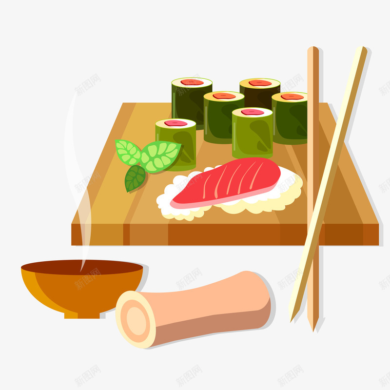 日式食物矢量图eps免抠素材_新图网 https://ixintu.com 寿司 筷子 绿叶 膳汤 鳗鱼 矢量图