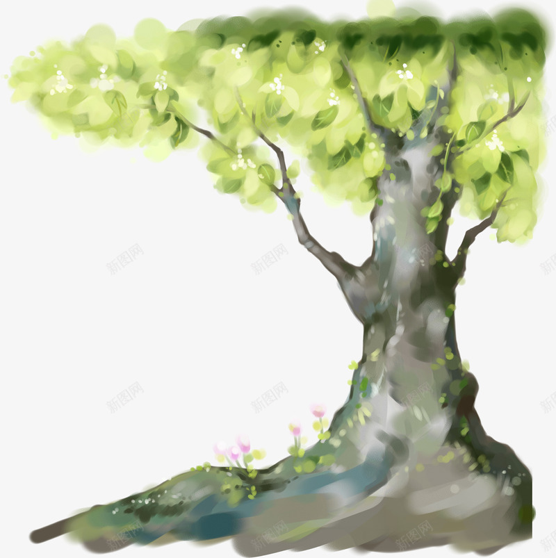手绘绿色大树树下花草png免抠素材_新图网 https://ixintu.com 大树 绿色 花草