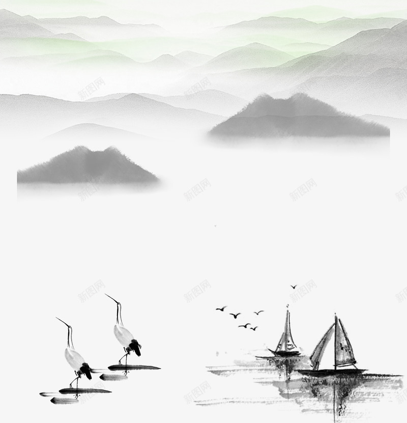江水远山风景中国风png免抠素材_新图网 https://ixintu.com 中国风山峦 水墨仙鹤