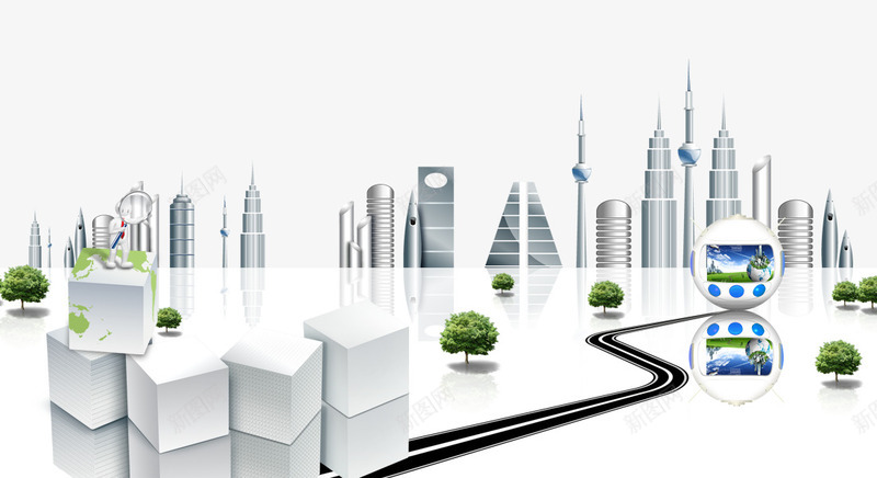 城市公路背景png免抠素材_新图网 https://ixintu.com 公路 建筑 树木 正方体 都市