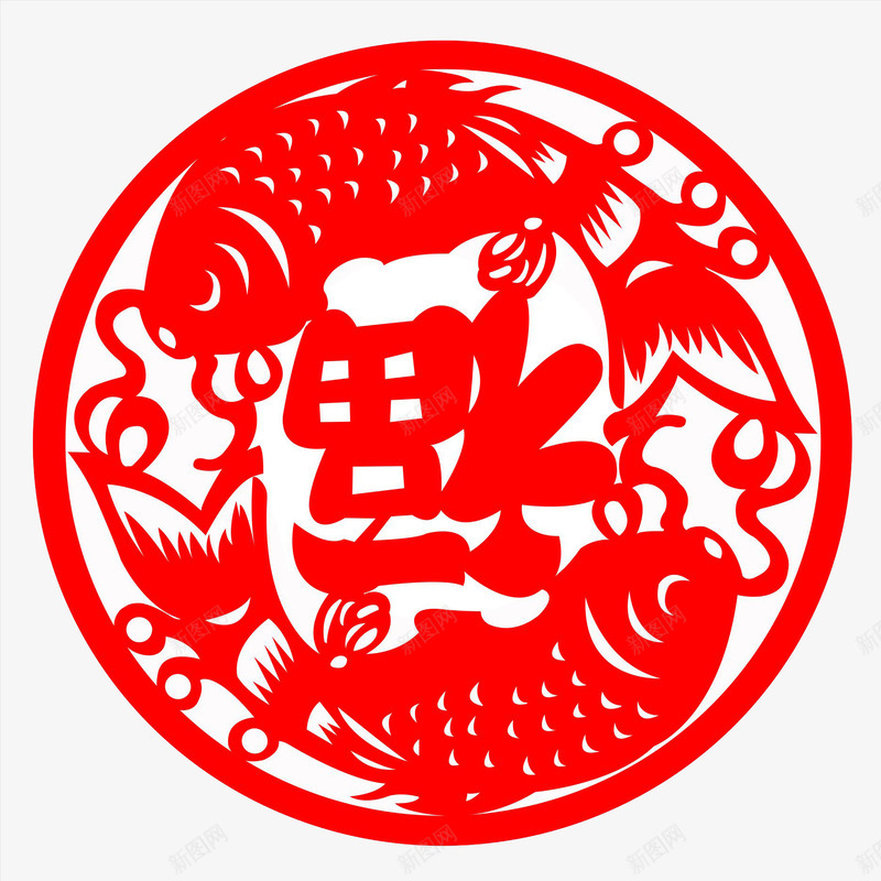 创意福窗花剪纸图png免抠素材_新图网 https://ixintu.com 中国风 卡通手绘 古风 喜庆 圆形 小鱼 水彩 福 艺术字
