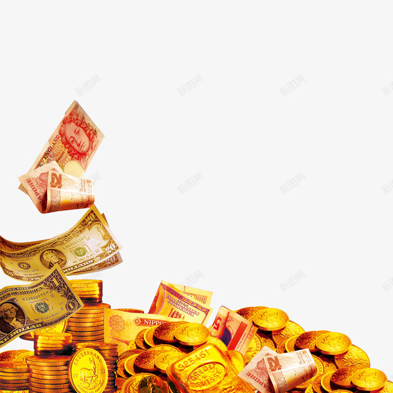 堆积着的钱币和金币psd免抠素材_新图网 https://ixintu.com 产品实物 外币 美元 金币 金色 钱