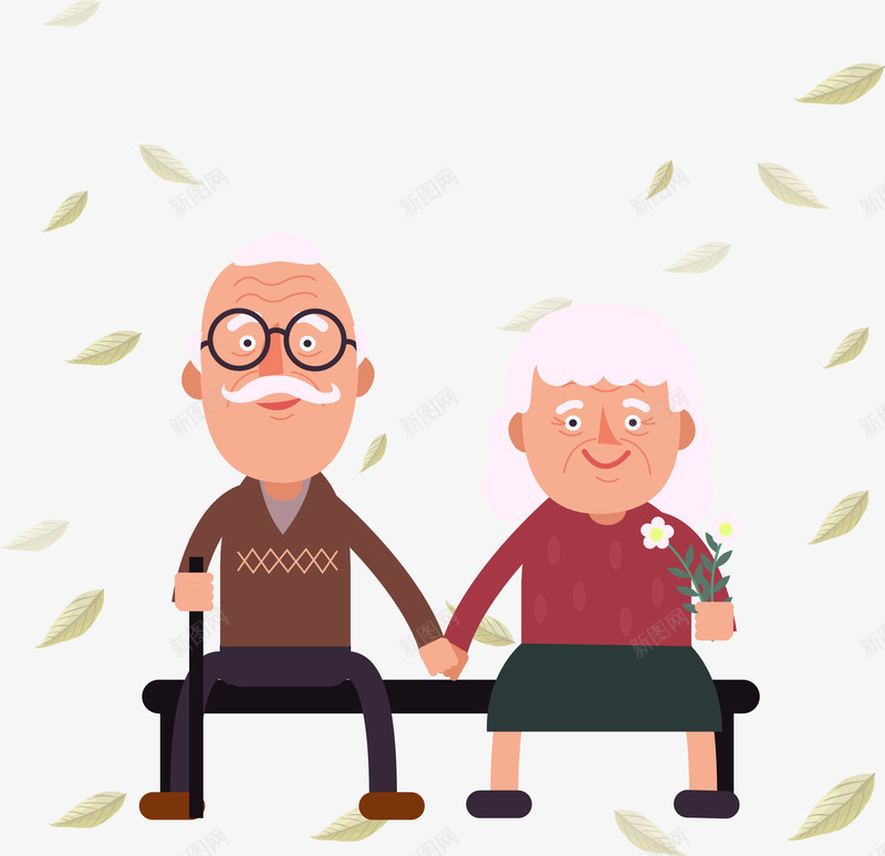 恩爱牵手坐一起的夫妻png免抠素材_新图网 https://ixintu.com 卡通夫妻 卡通老人 夫妻 奶奶 树叶 爷爷 牵手 老人 老年夫妻 长椅