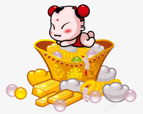 中国福娃招财童子聚宝盆金条元宝png免抠素材_新图网 https://ixintu.com 中国福娃 元宝 免抠 招财童子 聚宝盆 金条