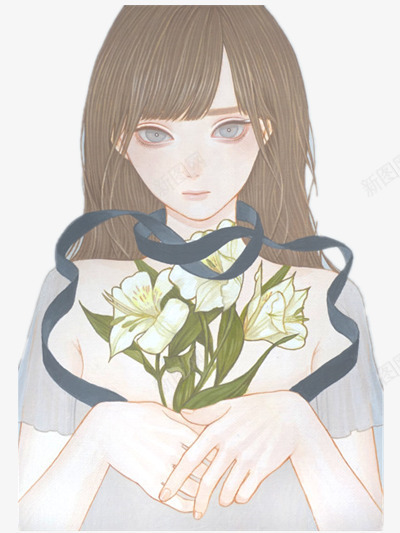 蓝色丝带百合花少女png免抠素材_新图网 https://ixintu.com 唯美 插画 文艺 暗色调
