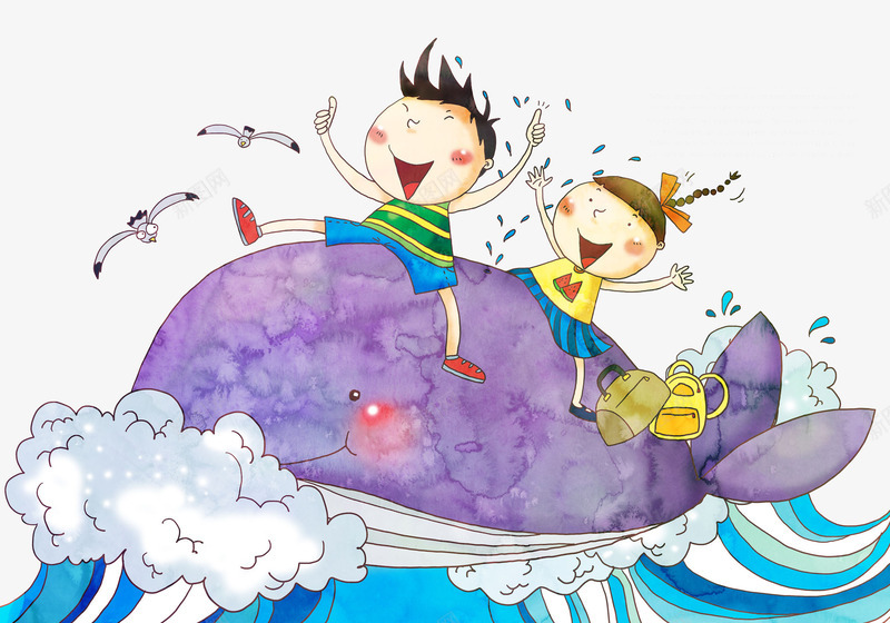 鲸鱼身上的孩子png免抠素材_新图网 https://ixintu.com 女孩 孩子 挥手 海水 海鸥 男孩 紫色 蓝色 高兴 鲸鱼