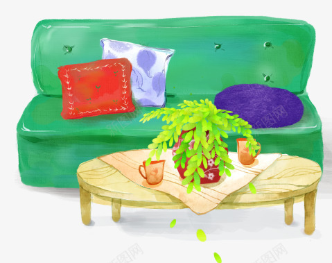 插画桌子png免抠素材_新图网 https://ixintu.com 手绘 摆设 椅子 沙发 花草