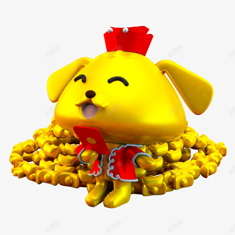 拿着手机的金色生肖狗png免抠素材_新图网 https://ixintu.com 新年 春节 狗年 生肖狗 红色手机 节日装饰 金元宝 金色