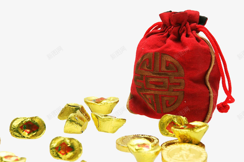 金元宝和福袋摄影png免抠素材_新图网 https://ixintu.com 实物 摄影 福袋 红色 金元宝 金色