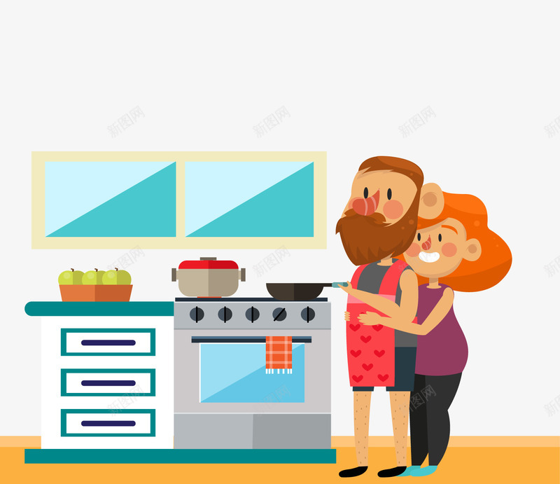 夫妻厨房做饭场景png免抠素材_新图网 https://ixintu.com 卡通情侣 厨房 夫妻 夫妻图案 炒菜 背景装饰