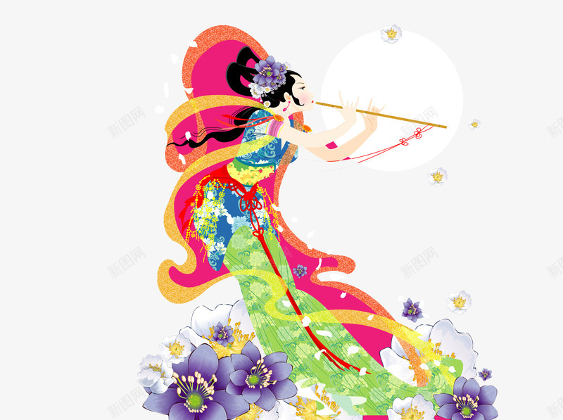 嫦娥矢量图ai免抠素材_新图网 https://ixintu.com 吹长笛的美女 嫦娥 飞向月亮的美女 矢量图