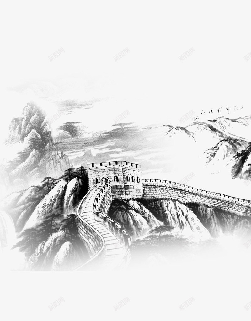 长城png免抠素材_新图网 https://ixintu.com 北京 北京插画 山水长城 水墨 长城 长城卡通 长城画 黑白长城