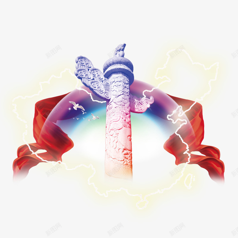 中国风psd免抠素材_新图网 https://ixintu.com 中国风 华表 红绸 鸡动中国