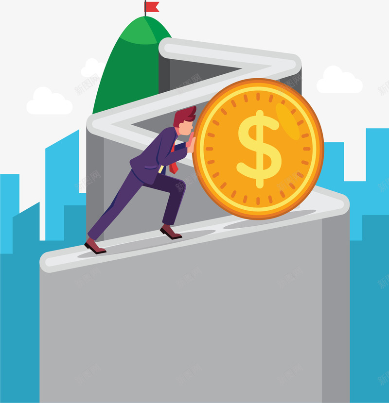 推着金币上升的小人png免抠素材_新图网 https://ixintu.com 业绩 业绩增长 商务小人 推着金币 矢量png 箭头涨价 阶梯弯道