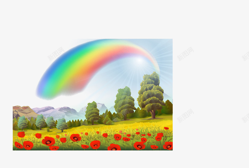 好看的雨后彩虹png免抠素材_新图网 https://ixintu.com 卡通 彩绘 彩虹 树木风景 树林 植物 美丽风景 自然风光 风景 鲜花