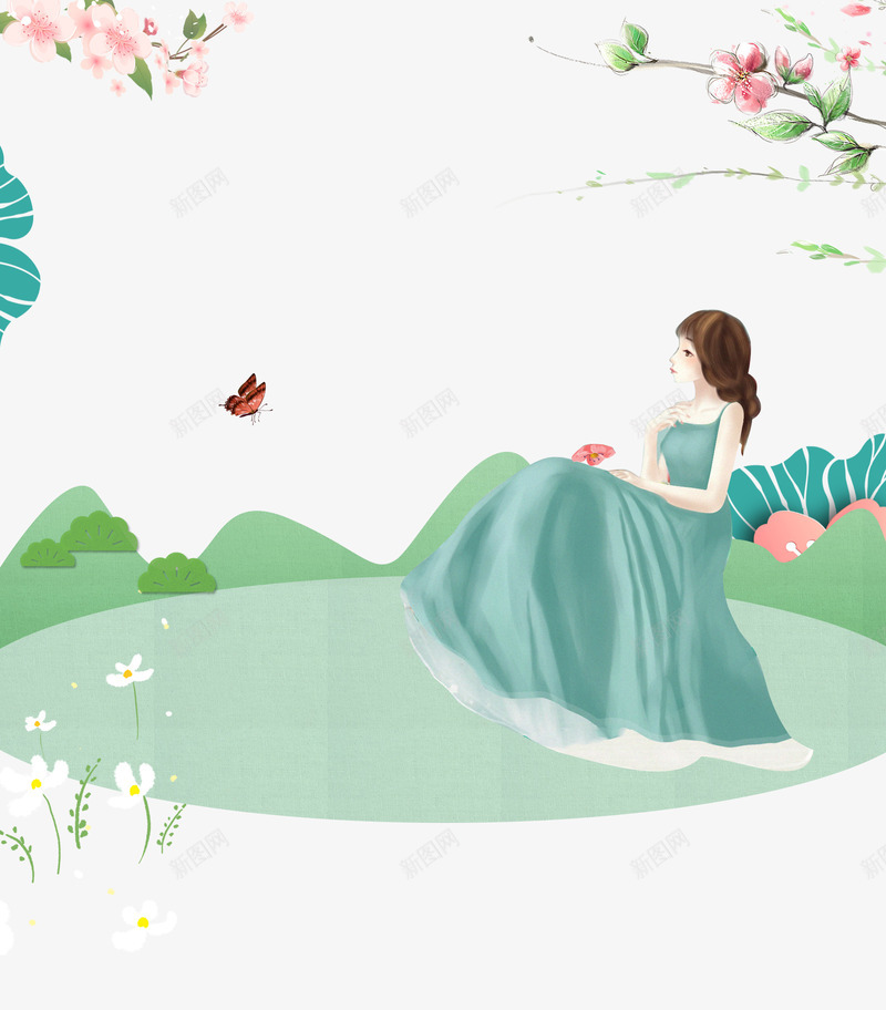 卡通创意春季少女插画psd免抠素材_新图网 https://ixintu.com 创意 卡通 少女 插画 春季 春游 花朵 蝴蝶 踏青