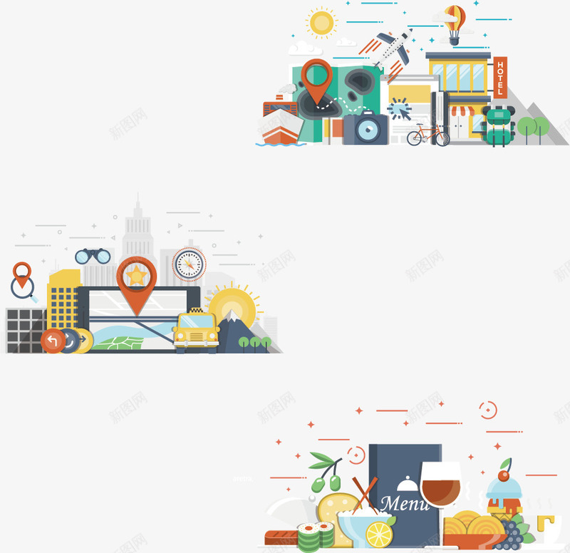 广告png免抠素材_新图网 https://ixintu.com 地图 城市 导航 广告设计 彩色卡通 旅行 旅馆 水果 火箭 生活百科 食物