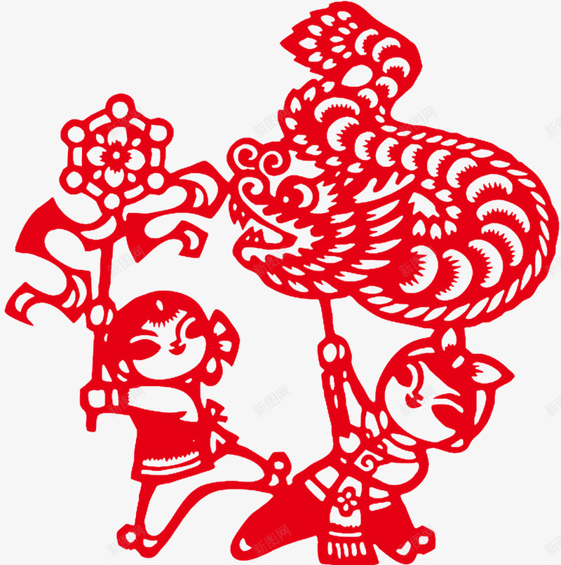 红色舞狮剪纸新年装饰png免抠素材_新图网 https://ixintu.com 2016 剪纸 新年装饰 新春 春节 福娃 红色 舞狮