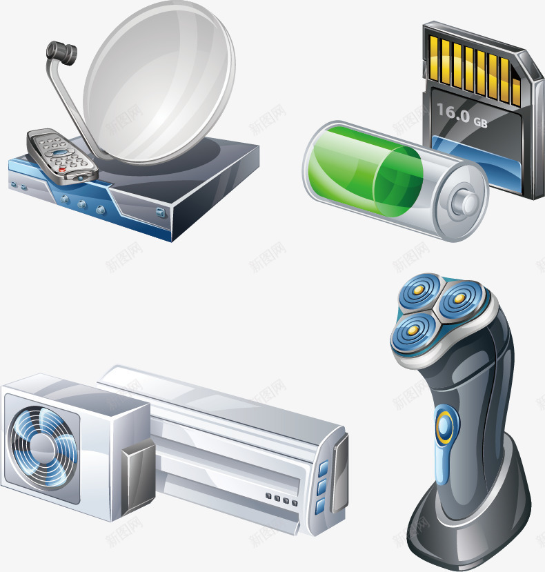 常用电子设备元素矢量图ai免抠素材_新图网 https://ixintu.com 信号接收器 剃须刀 电子设备 电池 矢量图