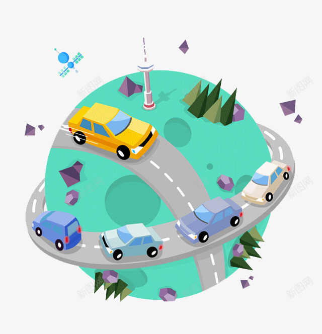 地球png免抠素材_新图网 https://ixintu.com 交通 公路 卡通 圆形 平扁图形 车车 马路