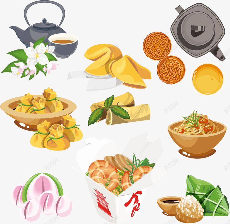 美味的食物矢量图ai免抠素材_新图网 https://ixintu.com 卡通食物 月饼 粽子 美味食物 茶壶 茶杯 食物 矢量图