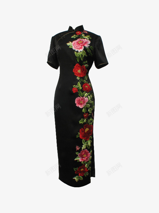 黑色半袖女装旗袍png免抠素材_新图网 https://ixintu.com 中国风 半袖旗袍 旗袍 样式旗袍 民国风 民族服饰 高级卡片 黑底团花纹