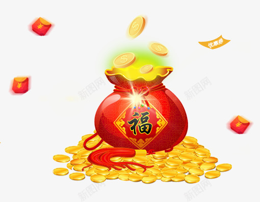 新年节日福袋撒金币装饰png免抠素材_新图网 https://ixintu.com 亮光 喜庆 新年快乐 福袋 红包 透明素材 金币 金色