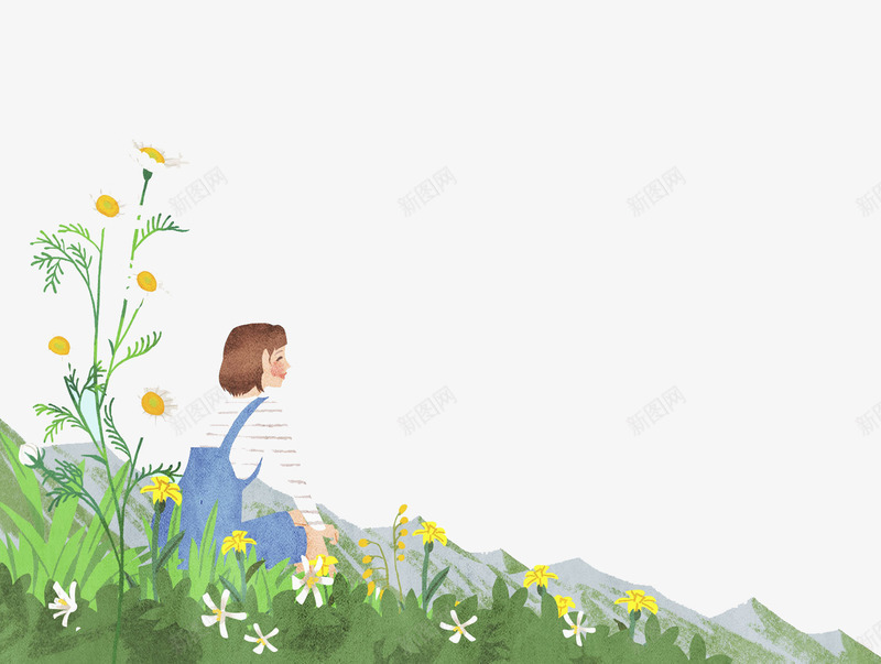 绿色花草春游女孩插画png免抠素材_新图网 https://ixintu.com 女孩 插画 春季 春游 海报 清新 绿色 花草