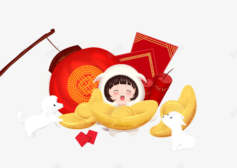 卡通插图狗年春节可爱装饰插图png免抠素材_新图网 https://ixintu.com 卡通插图 可爱 春节 灯笼 狗年 红包 装饰插图 金元宝