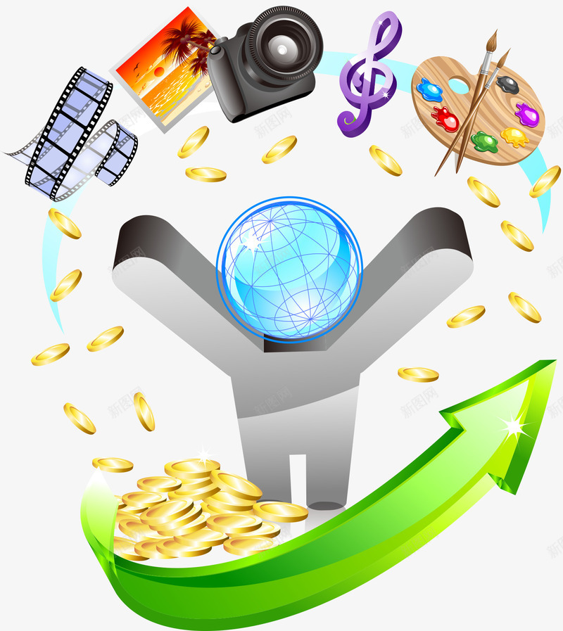 网络科技装饰png免抠素材_新图网 https://ixintu.com 商务 商务小人 科技 箭头 网络 金币 金融