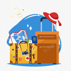 扁平化旅游行李箱和飞机矢量图素材