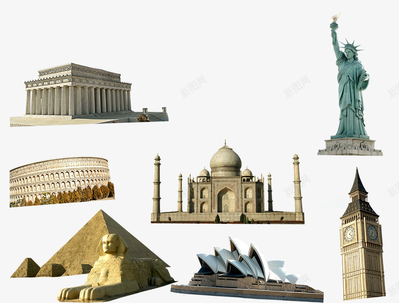 各国标志性建筑png免抠素材_新图网 https://ixintu.com 埃及金字塔狮身人面像 希腊帕特农神庙 希腊特色 悉尼歌剧院 泰国泰姬陵 罗马斗兽场 美国 美国自由女神 英国大本钟