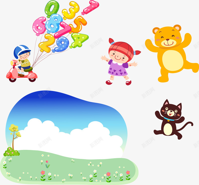 卡通动物儿童png免抠素材_新图网 https://ixintu.com 儿童 卡通 小熊 小猫咪 童趣 花丛