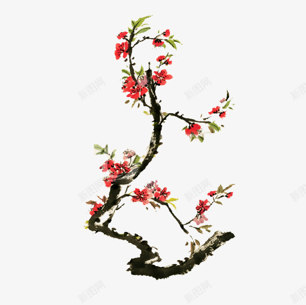 桃花枝头png免抠素材_新图网 https://ixintu.com 叶子 国画 国画桃花 弯曲 枝干 桃树枝 桃花 水墨 画风 表现