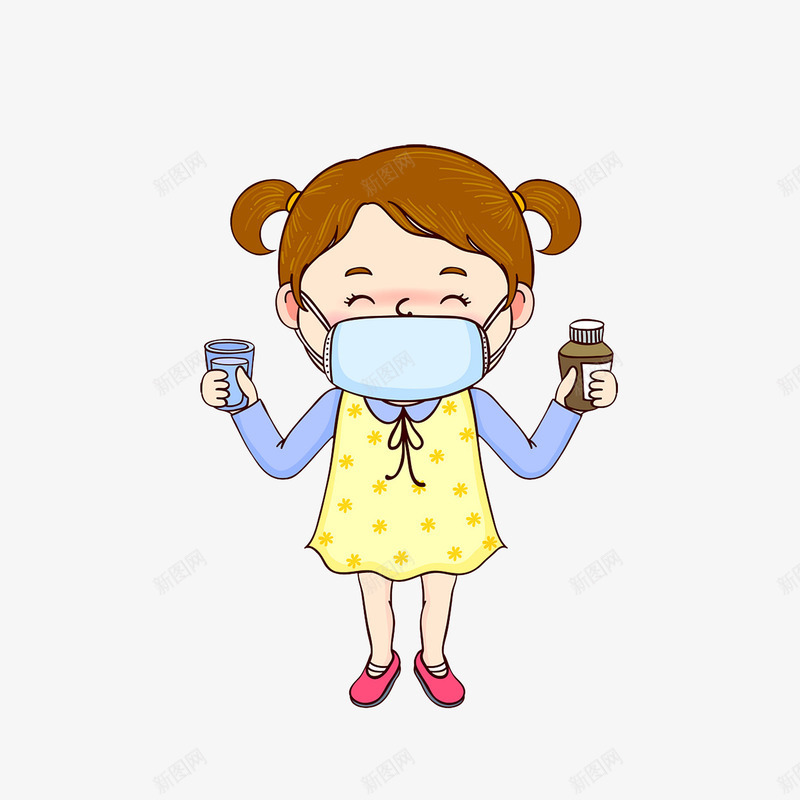 卡通拿着水杯和药瓶的感冒戴口罩png免抠素材_新图网 https://ixintu.com 乐观 乐观向上 卡通拿着水杯和药瓶的感冒戴口罩女孩素材免费下载 感冒发烧 感冒女孩 戴口罩女孩 手拿水杯 手拿药瓶