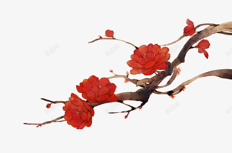 红花梅花枝彩绘花枝png免抠素材_新图网 https://ixintu.com 一剪梅 一枝梅花 彩绘 梅花枝 红花 花枝
