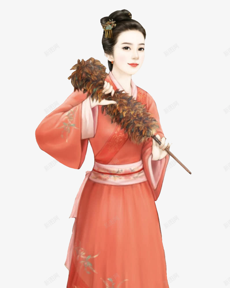 拿着掸子的少女png免抠素材_新图网 https://ixintu.com 中国风 古代 古装 女 手绘 插画