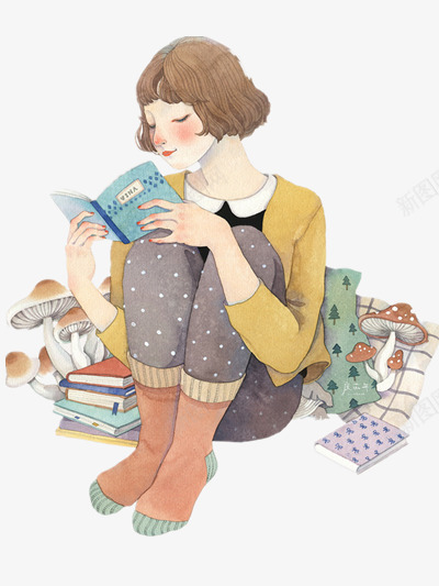 手绘看书的文艺少女png免抠素材_新图网 https://ixintu.com 手绘 插画 装饰