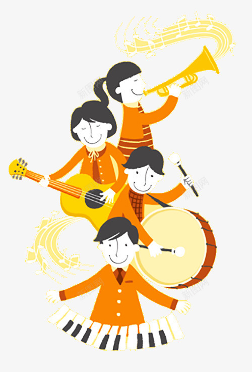 手绘音乐节插画png免抠素材_新图网 https://ixintu.com 卡通 喇叭 手提琴 敲鼓 绘画