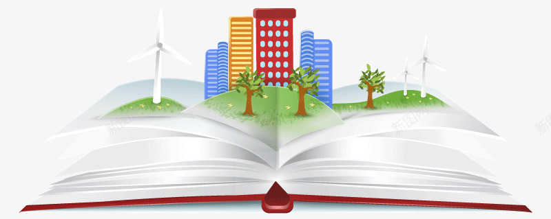 打开书本中的环保城市png免抠素材_新图网 https://ixintu.com 发电风车建筑树木太阳云朵环保书本城市立体书