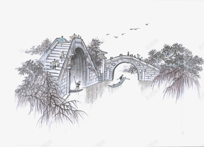 水墨画psd免抠素材_新图网 https://ixintu.com 中国风 国画古树 小船 山水画 柳树 桥 水墨