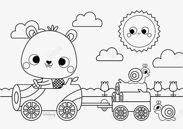线稿小熊开车图案psd免抠素材_新图网 https://ixintu.com 创意插画设计 卡通贺卡封面 小熊填色 手绘插画